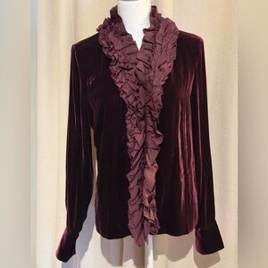 Ralph Lauren Women’s GORGEOUS Burgundy Blouse Silk Blend Hidden Buttons Ruffles